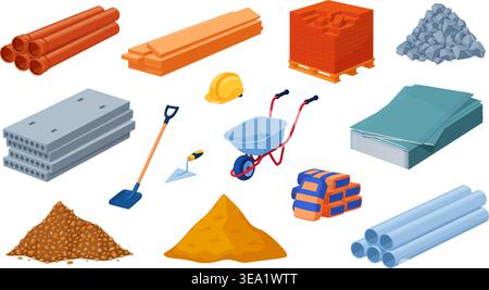Cartoon construction materials. Building material set, brick block concrete pile cement sand gravel stack stone wood metal pipe steel site work tool qualitative vector illustration original artwork Stock Vector