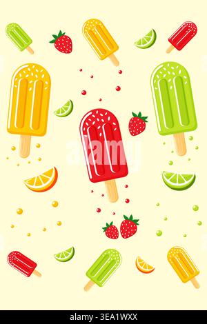 Colorful ice cream bars with lime and strawberry elements vector illustration. Stock Vector
