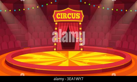 Cartoon circus arena. Empty ring stage Inside cirque tent dome, carnival show interior scene background amusement performance audience spotlight qualitative vector illustration original artwork Stock Vector
