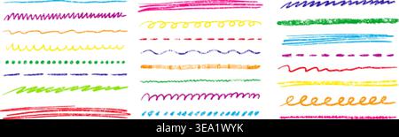 Crayon underlines. Strikethrough, underline line stroke marker emphasis highlight divider border strip bar pencil hand drawn pastel chalk texture qualitative vector illustration original artwork Stock Vector