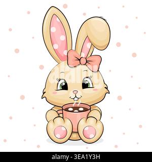 Cute Cartoon Bunny with Pink Hair Bow and Mug with Hot Chocolate. Vector illustration of the animal on a pink background with dots. Stock Vector