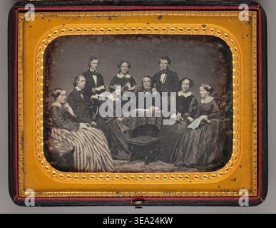 Untitled (Group Portrait of Men and Women) by John Adams Whipple, 1855, depicting nine figures in formal dress gathered around a table for study or discussion Stock Photo