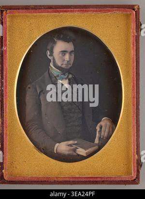 Untitled by Unknown Maker, 1849, portrait of a bearded man in formal 19th-century attire with striped waistcoat and bow tie, seated with hands resting on an open book Stock Photo