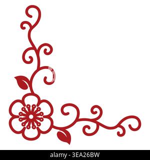 Red floral corner ornament with swirling vines. Decorative element of blossoming plum or cherry, isolated on white. Vector illustration Stock Vector