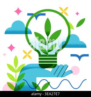 Abstract geometric vector environmental illustration of hand holding light bulb with plant inside. Concept for eco innovation, renewable energy, susta Stock Vector