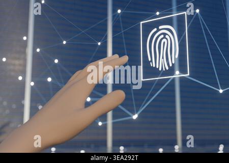 A 3D conceptual illustration of a human hand reaching towards a glowing digital fingerprint icon within a complex network of nodes and lines. Stock Photo