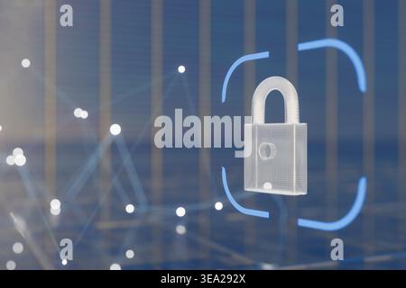 A 3D conceptual illustration of a transparent wireframe padlock centered within a blue digital scanning frame. Stock Photo