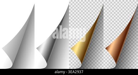 Set of white, silver, golden and bronze vertical paper corner rolled up with soft shadow on white and transparent background. Vector page corner curle Stock Vector