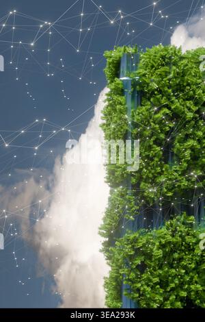 3D render of a green vertical forest building integrated with a digital network. Concept of smart eco cities, sustainable architecture, and the fusion Stock Photo