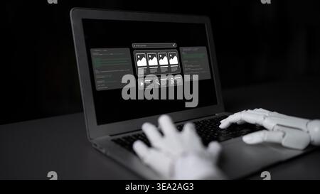 A robotic hand interacts with a laptop displaying various digital content and coding elements in a dark setting, highlighting the intersection of Stock Photo