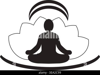 Meditation silhouette sitting in lotus pose with calm energy waves Stock Vector