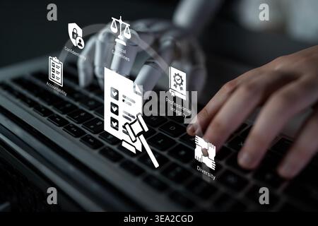 A futuristic robotic hand interacts with a laptop keyboard, showcasing icons related to justice, integrity, accountability, and diversity, reflecting Stock Photo