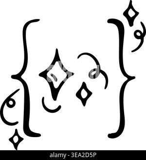 Smart coding icon for AI software development and automated programming. Hand drawn doodle illustration of curly brackets with magic sparkling stars. Stock Vector
