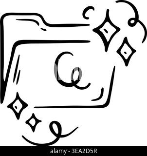 Smart folder icon for AI data organization and cloud storage management. Hand drawn doodle illustration of a file directory with magic shine stars. Stock Vector