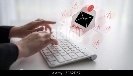 Digital warning mail interface highlights email threat detection, security monitoring, and proactive prevention of phishing and malware intrusions Stock Photo