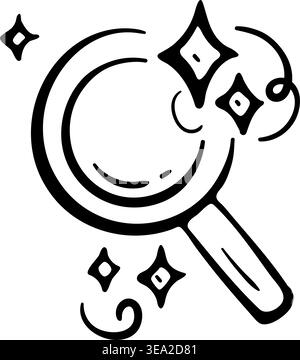 Smart search icon for AI data analysis and intelligent information discovery. Hand drawn doodle illustration of a magnifying glass with magic stars. Stock Vector