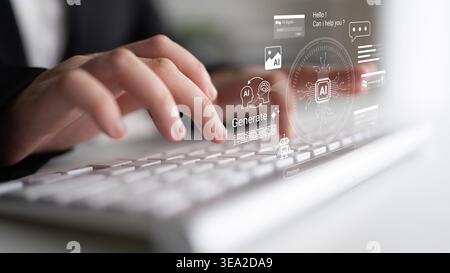 A close-up view of a person typing on a keyboard with a virtual interface showcasing AI elements, representing the fusion of technology and Stock Photo