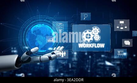 AI streamlines business workflows by automating repetitive tasks, enhancing team coordination, and optimizing structured processes for greater Stock Photo