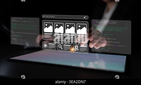 A person interacts with a futuristic digital interface on a tablet, showcasing multimedia applications and coding elements, representing innovation in Stock Photo