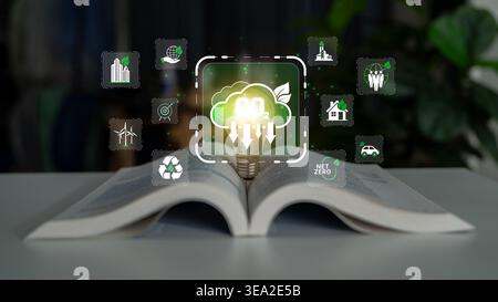 Conceptual image of sustainable development with symbols for eco-friendly practices emerging from an open book with a lightbulb and cloud elements Stock Photo