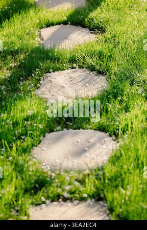 Stone pathway through lush green grass in sunny garden, landscaping concept. Stock Photo