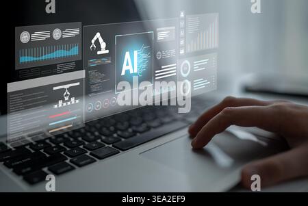 Artificial intelligence improves industrial automation, optimizing data analytics, precision robotics, and smart factory operations to enhance Stock Photo