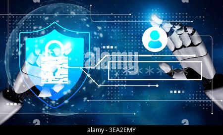 Futuristic Cybersecurity Concept with Robot Hand, Digital Lock, and User Icon over a Tech Background for Data Protection and Online Safety Gluon. Stock Photo