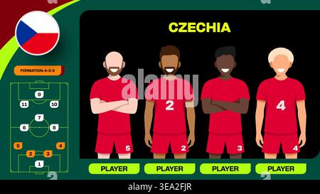 Stylized Czechia Football 2026 Team Lineup and Tactical Formation Presentation for Tournament Match. Stock Vector