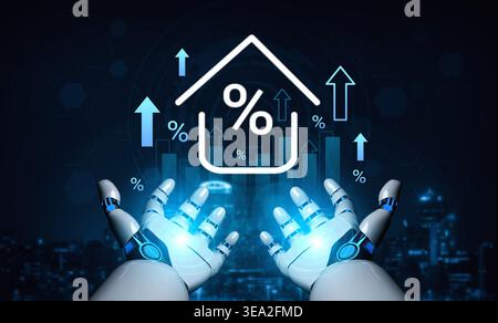 This image features robotic hands with glowing technology, reaching out towards graphs and percentages, symbolizing advancements in data analysis and Stock Photo