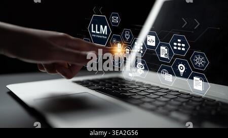 Large Language Model LLM processing data. Represents deep text learning, natural language processing NLP AI tech, transformer architecture, and Stock Photo