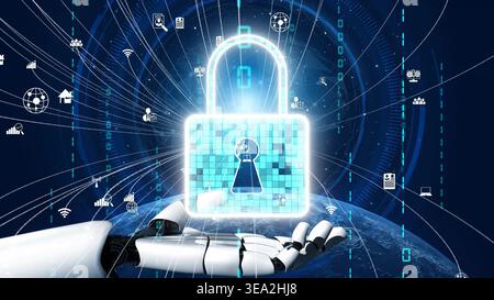 A futuristic robotic hand presents a luminous padlock, representing security and data protection, set against a vibrant technological backdrop Stock Photo