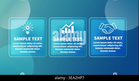 Modern Glassmorphism Style Business Infographic Template with 3 Steps and Icons on Blue Gradient Background Stock Vector