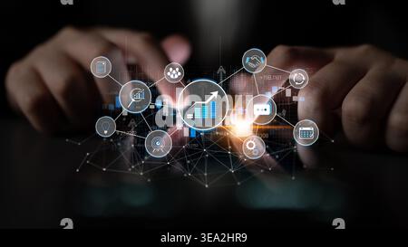 Hands Typing on a Keyboard with Digital Financial Growth Icons and Data Visualization Elements Representing Business Success and Innovation Strategies Stock Photo