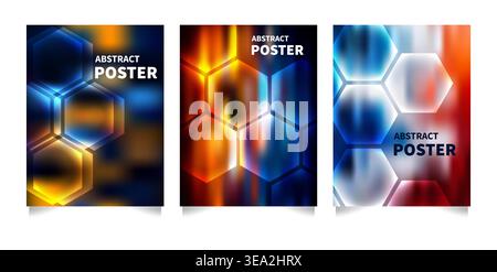 Abstract Hexagonal Poster Set with Glowing Blue and Orange Gradient Backgrounds for Corporate Technology Covers Stock Vector