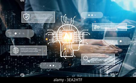 Futuristic Illustration of AI Technology with Human Brain Concept Over Digital Background and Person Using Laptop in Modern Office Setting Gluon. Stock Photo