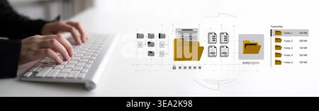 This image features hands actively typing on a keyboard, accompanied by digital graphics representing file management and folder organization, ideal Stock Photo