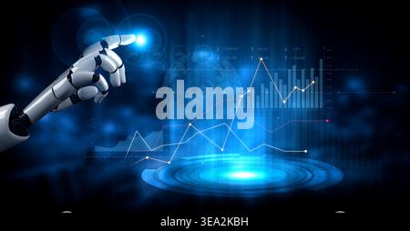 A robotic hand interacts with digital graphs, representing advanced technology and data analytics. This image captures the essence of innovation in a Stock Photo