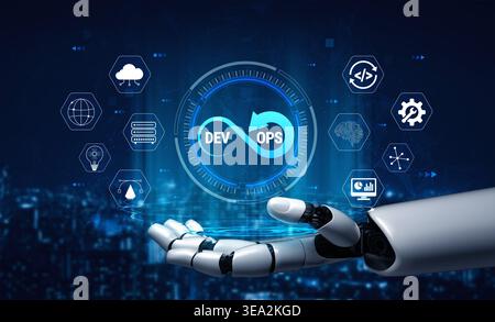 Futuristic robotic hand holding a holographic representation of DevOps with digital icons representing cloud computing, software development, and Stock Photo