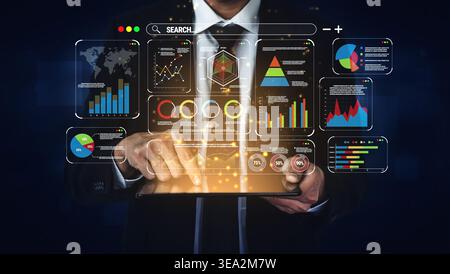 Businessman Using Tablet with Data Visualization and Analysis Graphics on Screens in Dark Background for Corporate Strategy and Decision-Making Quark. Stock Photo