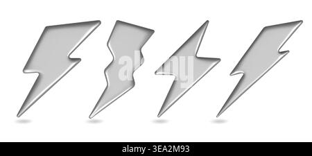3d silver lightning. Metal thunder bolt flash, chrome y2k strike arrow, metallic thunderbolt realistic render. Electric charge warning symbol, thunderstorm sign, energy power, fast vector emoji icons. Stock Vector