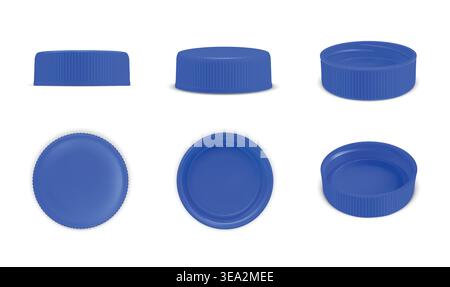 3D Plastic water bottle cap. Realistic polyethylene blue plastic caps multiple angles. Vector isolated set. Stock Vector