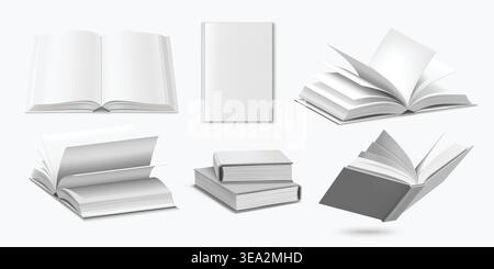 Realistic books vector set with open and closed hardcover mockups, blank white hardback covers, stacked and floating books with turning pages, isolated 3D objects. Stock Vector