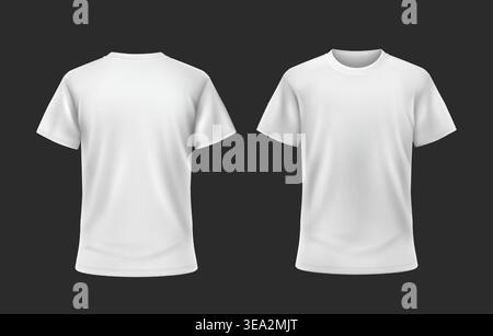 White T shirt realistic 3D mockup vector set with front and back views, blank short sleeve tee template on black background, empty apparel presentation for print branding and merch design. Stock Vector