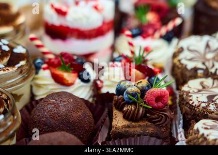 Assorted mini cakes and gourmet desserts decorated with fresh berries, cream, and chocolate. Sweet buffet with various luxury pastries. Stock Photo