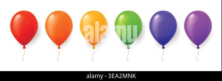 Realistic 3D balloons vector set with red, orange, yellow, green, blue and purple helium party decorations, glossy floating latex balloons isolated for birthday celebration. Stock Vector
