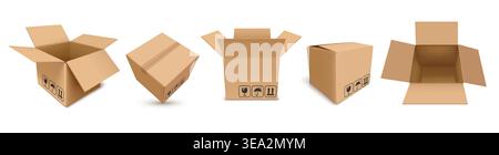 Cardboard parcel boxes open and closed realistic 3D vector packaging set with shipping symbols, brown carton delivery mockup for logistics, ecommerce and moving. Stock Vector