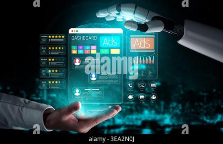 Futuristic Robot Hand Interacting with Digital Advertising Dashboard Displaying Analytics and User Data in a Technology-Driven Environment Sigmoid Stock Photo