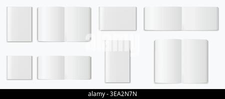 Realistic book mockups with open and closed hardcover pages in square, vertical and horizontal formats, blank 3D vector set for catalog, magazine, album and editorial layout. Stock Vector