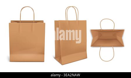 Kraft paper shopping bag mockup with handles, realistic 3D brown retail package in front, side and top views, empty eco friendly paper pack vector template isolated. Stock Vector