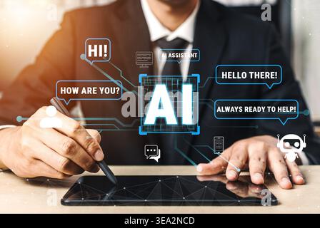 Professional in Suit Using Digital Tablet with AI Assistant Interface in Modern Office Environment for Technology and Innovation Concept Quark. Stock Photo